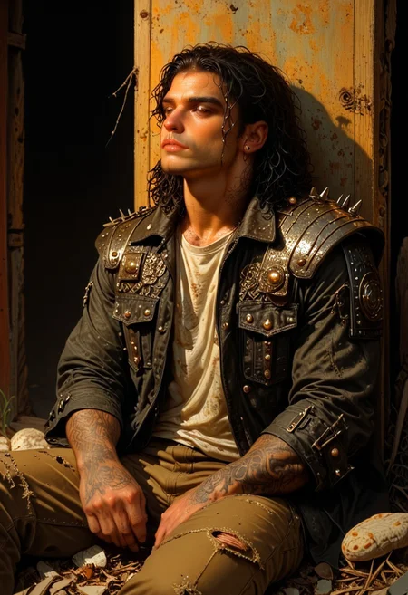 score_9, score_8_up, score_7_up, best quality, fine detail, digital painting, 1boy, solo, long curly wet black hair, muscular, black leather jacket with spikes, shoulder pad, snake on shoulders, handsome, sitting on the ground, wearing ripped jeans, wrinkled clothing, worn out tattered clothing, relaxing, carefree, melancholy, very detailed background, gritty, amber lighting, deep shadows, vivid detail, interesting composition, 8K, UHD, goonguy
