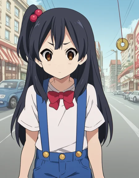 score_9, score_8_up, score_7_up, source_anime, <lora:anko-kitashirakawa-s1-ponyxl-lora-nochekaiser:1>, anko kitashirakawa, long hair, black hair, hair ornament, brown eyes, one side up, hair bobbles,, suspenders, shirt, white shirt, bowtie, red bowtie, buttons, shorts, blue shorts,, street, cars, buildings, city, people, , <lora:pendulum-ponyxl-lora-nochekaiser:1>, pendulum, holed coin, coin on string, hypnosis, mind control, coin, @ @,, looking at viewer, solo,, dutch angle, cowboy shot