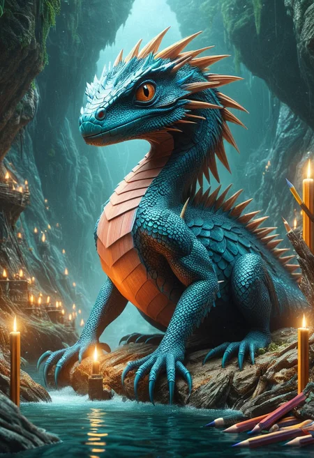 A high fantasy 135mm extrem-close-up collection of Basilisk, with high detailed and beautiful eyes made of pencils and pencil-tips in a pencil_morph_style as a surreal world morph, set in a surreal dreamscape with floating islands, a dynamic kneeling pose and an blush expression. The scene is illuminated by Gentle candlelit glow, enhancing the intense atmosphere. Fog rolling in from a mysterious unseen source. The details are ultra-HD, with stunning textures, lifelike depth, and 8k quality. Crafted with unparalleled precision, every aspect resonates with the essence of the composition., structures and hairs and spikes and feathers are made out of pencils and pencil-tips, <lora:add-detail-xl:1>, <lora:Pencil_morph_style-000008:1.0>,