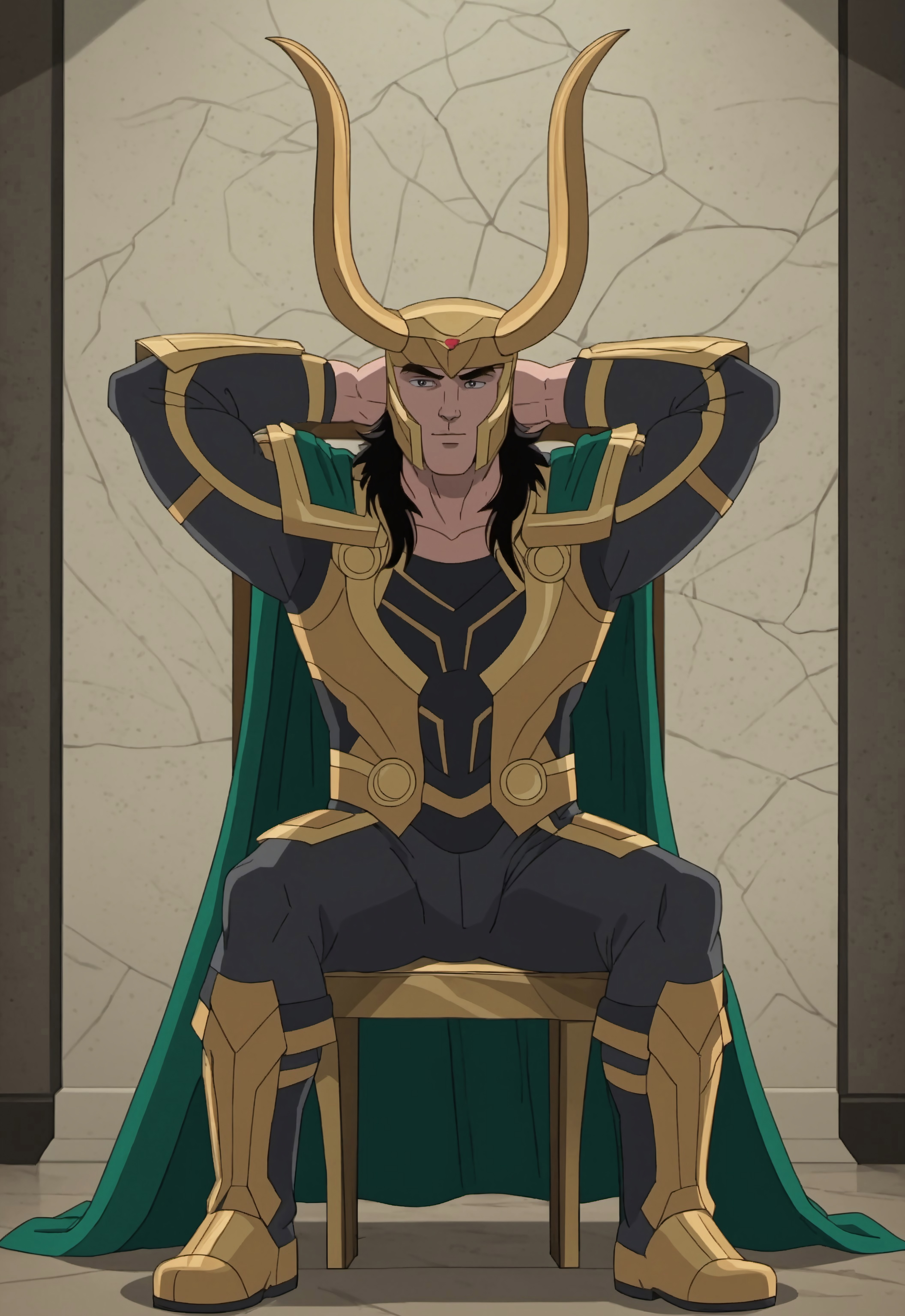 safe_pos, score_9, score_8_up, rating_nsfw, source_cartoon, cartoon, screenshot from cartoon, cartoon screenshot, ultra hd, absurdres, best quality, masterpiece, masculine, solo, 1male, male focus, best anatomy, best eyes, best hands, erotic, nsfw, gay porn, MarvelALoki, horned helmet, yellow helmet, black hair, cape, armor, full body view, sitting on throne, hands behind head, raised hands