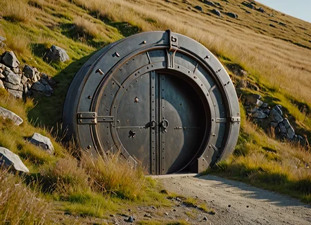 re-enforced round vault door on the side of a hill, at the end of a road high quality, 4k, extreme detail . kodak 400 f12 <lora:addMoreDetails:1> Ultra details++ , add more details, hyperrealistic