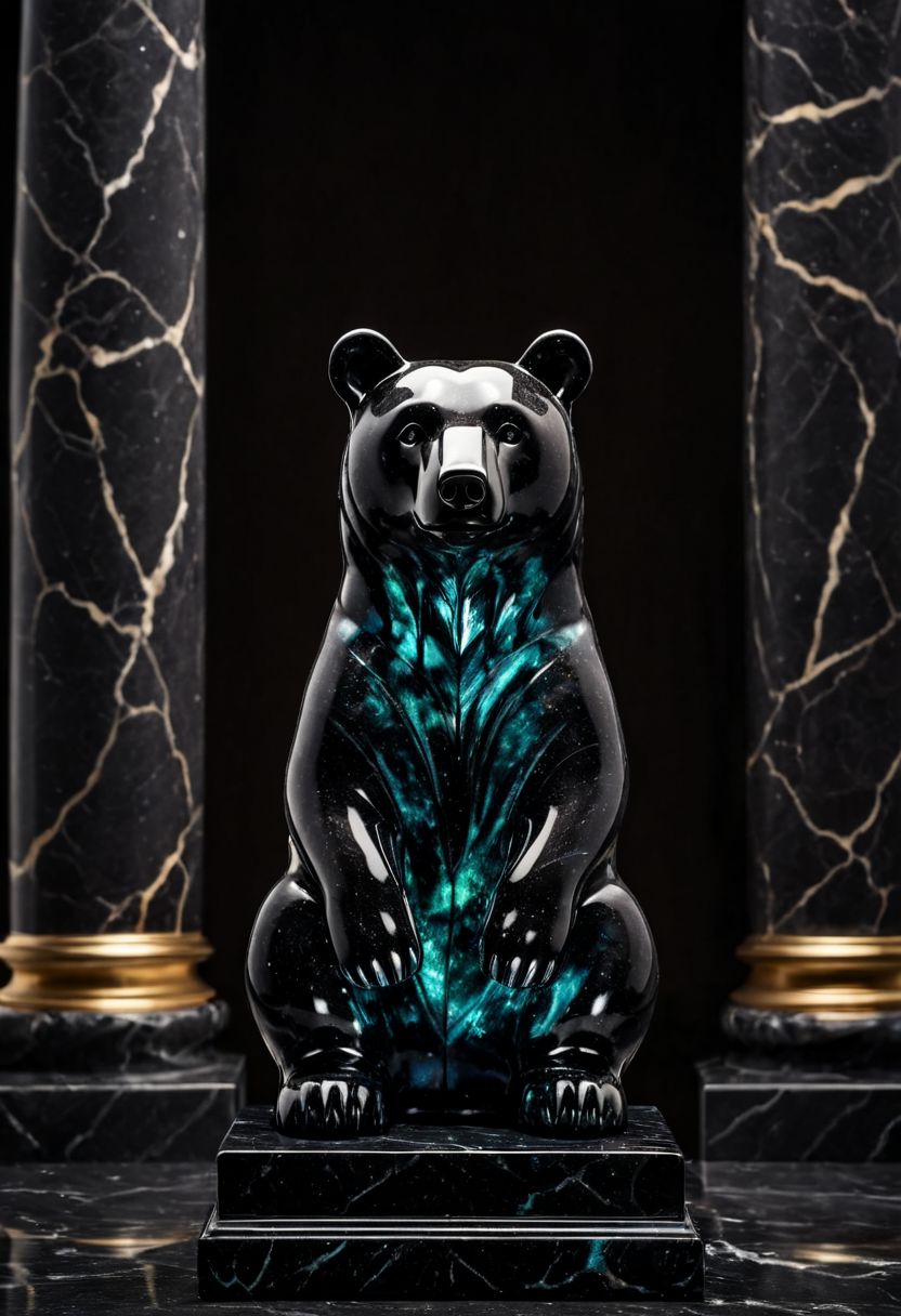 Fujifilm XT3, Sony A7 IV, (award winning photography) a (black: 0.79) marble simple (stylized: 1.49) (bear) statue made of opal (Kintsugi: 0.89) set on a pedestal in temple, glistening. in the background beautiful pillars, divine (iridescent: 0.79), opalescent textures, volumetric light, ethereal, sparkling, studio photo, highly detailed, sharp focus (highest quality: 1.39) (highest coherency: 1.39) (award winning photography), highly detailed photography, (muted colors, cinematic, dim colors, soothing tones:1.2), vibrant, insanely detailed, hyperdetailed, (dark shot:1.2), (vsco:0.3), (intricate details:0.9), (hdr, hyperdetailed:1.2) (vignette), sss, raw photo, fijifilm, kodak, cinematic film grain, mesopotamian, babylonian