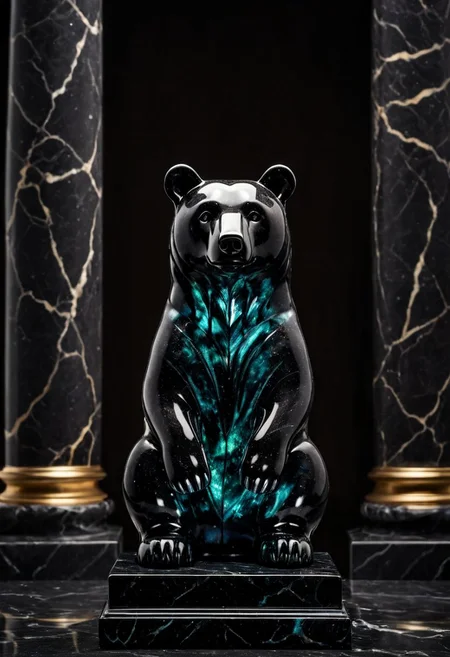 Fujifilm XT3, Sony A7 IV, (award winning photography) a (black: 0.79) marble simple (stylized: 1.49) (bear) statue made of opal (Kintsugi: 0.89) set on a pedestal in temple, glistening. in the background beautiful pillars, divine (iridescent: 0.79), opalescent textures, volumetric light, ethereal, sparkling, studio photo, highly detailed, sharp focus (highest quality: 1.39) (highest coherency: 1.39) (award winning photography), highly detailed photography, (muted colors, cinematic, dim colors, soothing tones:1.2), vibrant, insanely detailed, hyperdetailed, (dark shot:1.2), (vsco:0.3), (intricate details:0.9), (hdr, hyperdetailed:1.2) (vignette), sss, raw photo, fijifilm, kodak, cinematic film grain, mesopotamian, babylonian