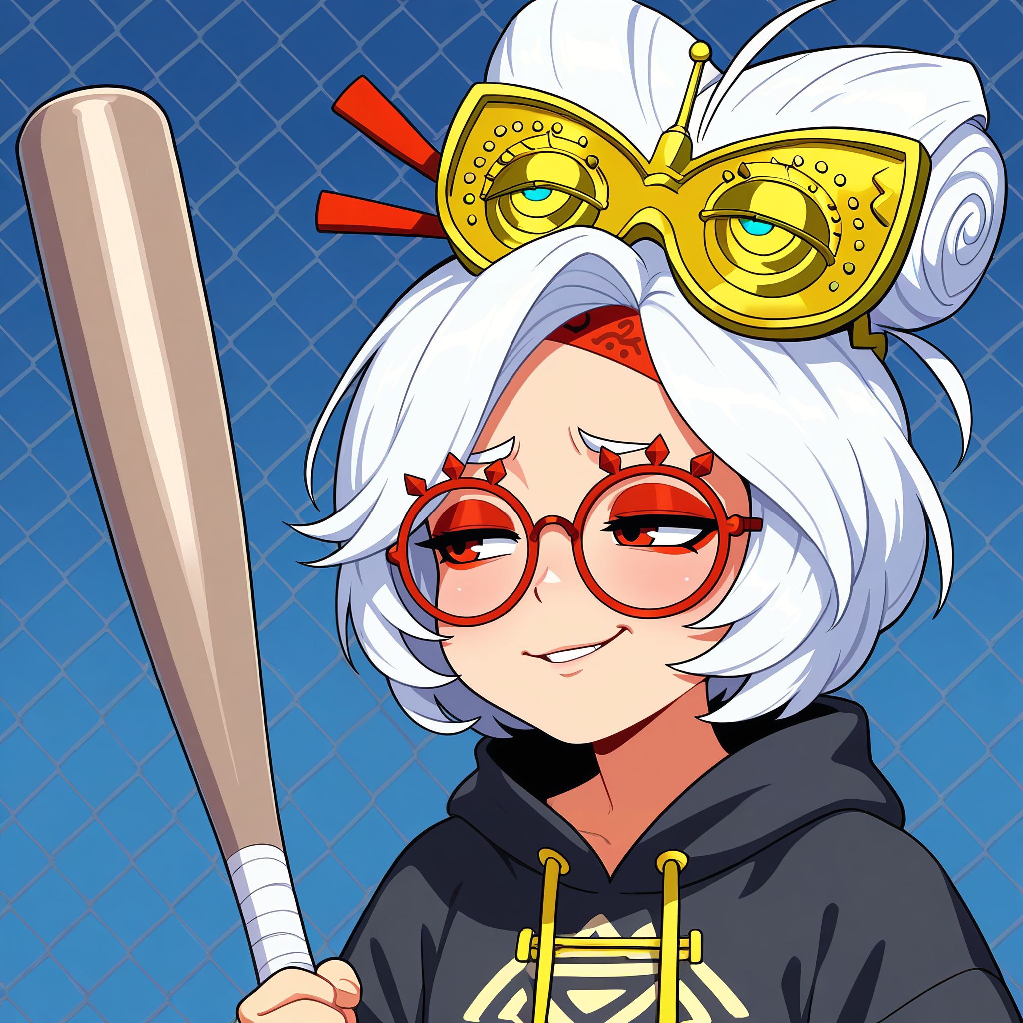 masterpiece, best quality, amazing quality, highres, absurdres,
1girl, adult, solo, meme,
blue background, chain-link fence, standing, hunched over, character portrait,
purah \(Zelda TotK\), white hair, red-framed eyewear, red eyeshadow, hair ornament,
<lora:George_Constanza_Baseball_Bat_Meme_Illustrious:1> costanza face, skeptical expression, narrowed eyes, smirk, holding object, holding baseball bat,