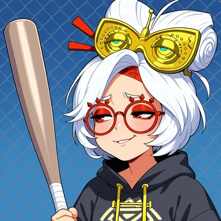 masterpiece, best quality, amazing quality, highres, absurdres,
1girl, adult, solo, meme,
blue background, chain-link fence, standing, hunched over, character portrait,
purah \(Zelda TotK\), white hair, red-framed eyewear, red eyeshadow, hair ornament,
<lora:George_Constanza_Baseball_Bat_Meme_Illustrious:1> costanza face, skeptical expression, narrowed eyes, smirk, holding object, holding baseball bat,