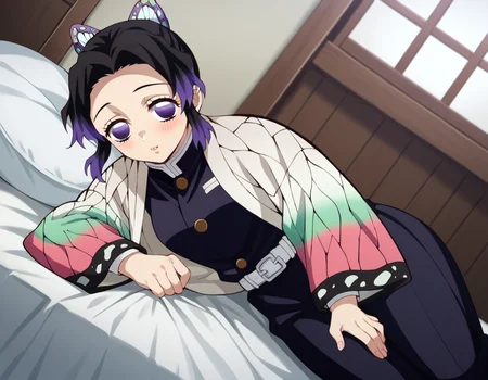 score_9, score_8_up, score_7_up, source_anime,
shinobukochou, <lora:shinobu-kochou-anime-ponyxl-lora-nochekaiser:1>,
shinobu kochou, animal print, black hair, butterfly, butterfly hair ornament, butterfly print, forehead, gradient hair, hair ornament, haori, multicolored hair, parted bangs, purple hair, short hair, two-tone hair,
belt, black pants, butterfly print, coat, demon slayer uniform, haori, japanese clothes, pants, uniform,
indoors, bed, bed room, on side, blush, drunk,
solo, dutch angle, looking at viewer, cowboy shot,