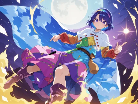 absurdres, highres, masterpiece, best quality, amazing quality, official anime artwork, screencap, anime screencap, outdoors, looking at viewer, dynamic pose, standing,
 <lora:Chimata-Tenkyuu_Illustrious:1> tenkyuu chimata, 1girl, solo, purple eyes, blue hair, shot hair,, multicolored hairband, multicolored dress, long sleeves, white cape, purple boots,
pointing up, pointing down, cloud, light smile, light particle, danmaku, full moon,