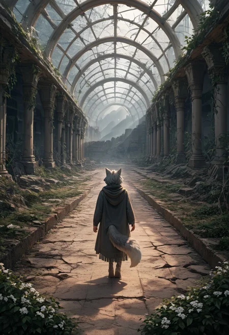 score_9, score_8_up, score_7_up,  fullbody, 1girl, furry, anthro, gray fur, wolf tail, wolf, solo, fullbody, backview, looking arround in wonder, masterpiece, best quality, very aesthetic, close up, gray hair, gray twin braids, green eyes, standing in the ruins of botanic garden with glass ceiling, overgrown, broken glas, snow patches ray of light, dark sky, low light, white snow, (postapocalyptic city), d, dark, worried, concerne, ragged winter clothes