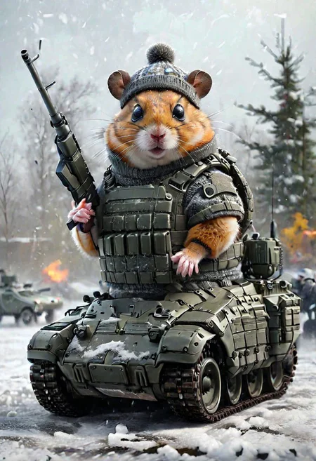 a complex illustration of a mighty  cloudy Jungar hamster (riding on a tank the t90m made in Russia, wearing a headset, wearing a winter disguise, a gun behind his back), with a rifle behind his back, in a knitted hat, dressed in a tracksuit, winter, snow, snowflakes falling towards the viewer, trees and snow, in a huge cloud of dust, plump, hyperrealistic scene, heavy rain, detailed focus, art by Aaron Jasinski, epic fantasy scene, bright colors, Enchanted masterpiece, Fantasycore, Award-Winning, Masterpiece, contrasting, faded, <laura:Devastation:0.5>,ais-rmr