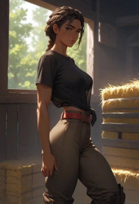 Expressiveh, pureerosface_v1, solo,
score_9, score_8_up, score_7_up, score_6_up, semi realistic, masterpiece, raw quality, best quality, HD, extremely detailed, high definition, stunning beautiful,
medium breasts, big buttocks, athletic, black hair, braided ponytail, brown eyes, (dark brown skin:1.6), loose shirt, black shirt, brown cargo pants, brown boots, red belt,
farm, barn