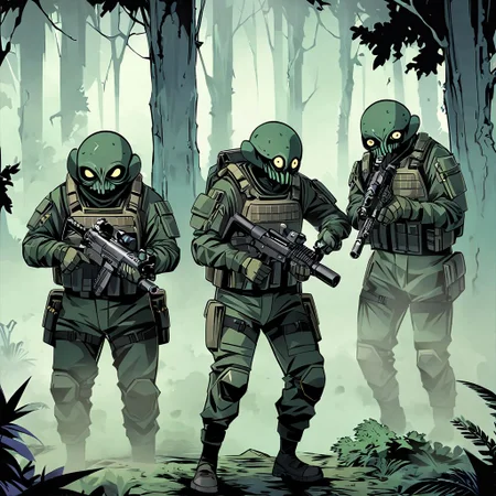 high-definition 8k comics artwork in dgst art style of an special forces soldier wearing tactical armor standing in a thick forest with fog, holding a gun, full body, action pose, creepy aliens, hiding in forest
