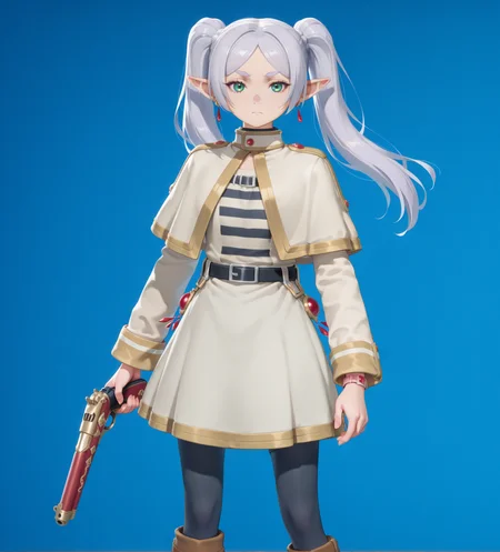 highly detailed, (portrait:1.6), (holding, handgun, looking at viewer:1.3), (blue background, solid background:1.2), ((1girl, solo, flat chest, fully clothed, looking at viewer, sousou no frieren, elf, pointy ears, frieren, twintails, pantyhose, white capelet, capelet, brown footwear, green eyes, long hair, jewelry, boots, earrings, black pantyhose, shirt, long sleeves, parted bangs, striped shirt, striped clothes, standing, white hair, grey hair, skirt, white skirt, serious expression, dress, belt, white dress, gold trim:1.4)),  <lora:Fortnite_Nemia_Demonically_Cute_Set_ILXL_E11_16_DIM:1>