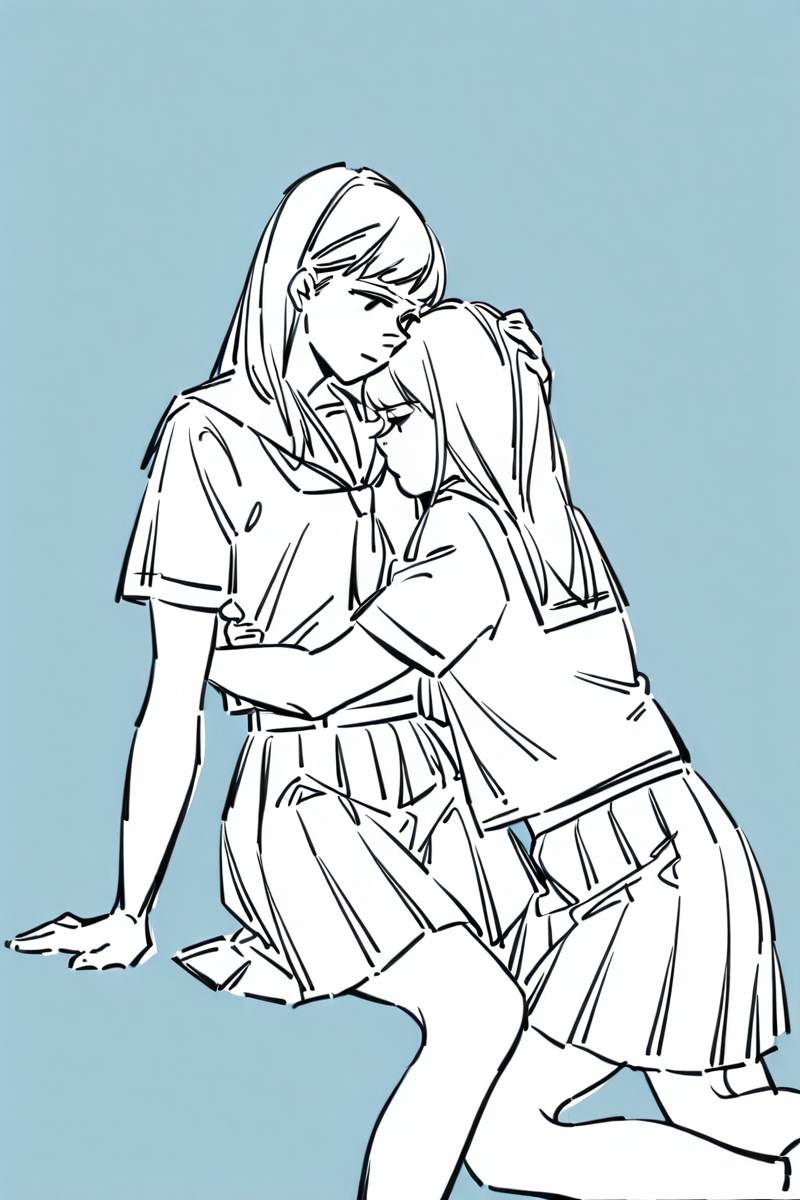 <lora:Sktchst_IL:1> sktchst, multiple girls, 2girls, hug, monochrome, skirt, long hair, yuri, blue background, simple background, school uniform, hand on another's head, sitting, arm support,