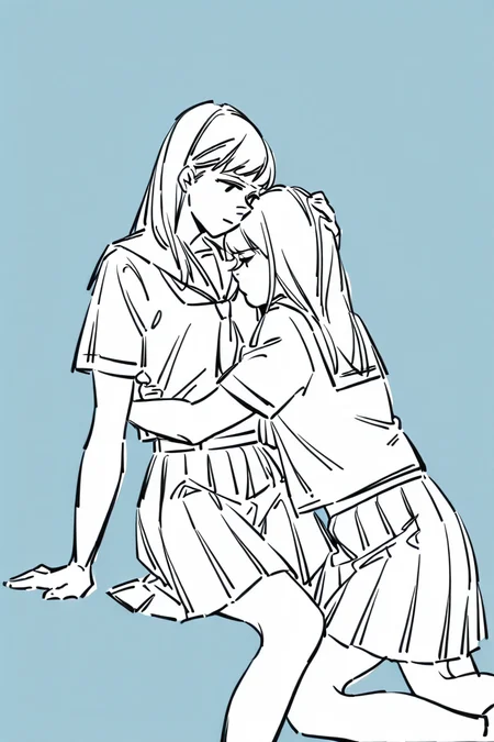 <lora:Sktchst_IL:1> sktchst, multiple girls, 2girls, hug, monochrome, skirt, long hair, yuri, blue background, simple background, school uniform, hand on another's head, sitting, arm support,