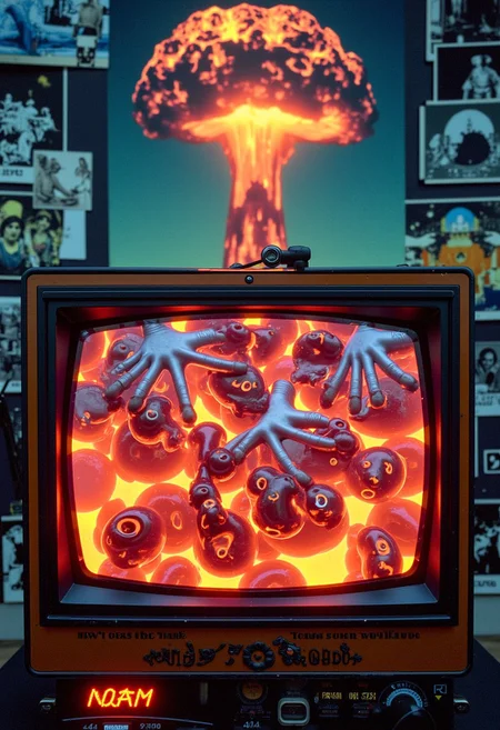 Slot machine graphics from front view . Disturbing scenes of addiction, people injecting drugs heroin, white powder, drinking alcohol smoking cigarettes. very strange surrealist style with holographic vortex featuring swirls of holotropic colour and glowing eyes wet distorted factory shot. On the television sets are glowing hands, with electricity coming off the finger tips. swirling around her head are holograms of glyphs chaos magick symbols. the room has thick electricity cables and smoke is coming off them. large wet glistening slices of wet soggy ham and hot dogs are floating in the air, dripping gooey sauce combining mustard and blood, there are multiple wet hotdogs floating. on the wall in the background are photos of nuclear explosions