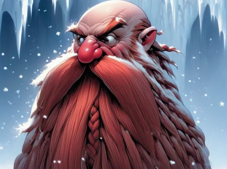 Harry_Dwarf, <lora:Harry_Dwarf:1>, red long beard, braided moustache, bald, in a blizzard region, frozen hair, ice, icicles, snowstorm