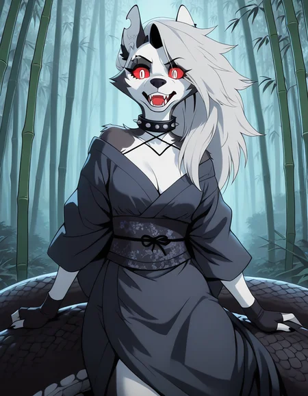 (masterpiece, best quality, ultra-detailed, absurdres, newest, detailed textures, correct anatomy:1), 1girl, 1girl, huge snake coiled around her torso, kimono, sash, calm expression, bamboo forest, fantasy, detailed hair, sharp features, elegant, intricate design, traditional Japanese elements, mysterious atmosphere, elegant posture, ethereal , <lora:LoonaIllustriousV1:1>, LoonaIllustriousV1Hellhound, furry female, white fur, goth, goth girl, colored sclera, red sclera, white pupil, animal ears, red eyes, piercing, collar, <lora:LDSCH_v2:1>, ldsch, aesthetic