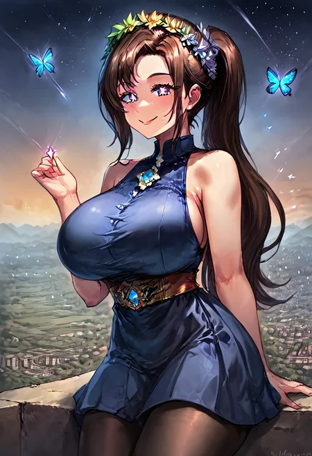gorgeous lips, cinematic, (masterpiece), (best quality), (ultra-detailed), very aesthetic, perfect composition, intricate details, absurdres, detailed face, (anime, masterpiece, intricate:1.3), (best quality, hires textures, high detail:1.2), score_9, score_8_up, source_anime, 1girl, mother_sv, brown hair, ponytail, very long hair, symbol-shaped pupils, eyelashes, flower crown, dress skirt, black pantyhose, sleeveless, no sleeves, butterflies, alternate_costume, large breasts, hand on breasts, facial expression, flirting, amused, smile, head tilt, soft eyes, goddess, planet size, giantess, giant goddess, humongous body, sitting down, sitting on building, city, in the city, towers, surrounded by towers, small planets, floating objects, gradient eyes, beautiful detailed eyes, night, starry sky, Side view, (masterpiece:1.4), (best quality:1.4), (ultra-detailed:1.2), gl0w, glow, Extreme Size Difference,