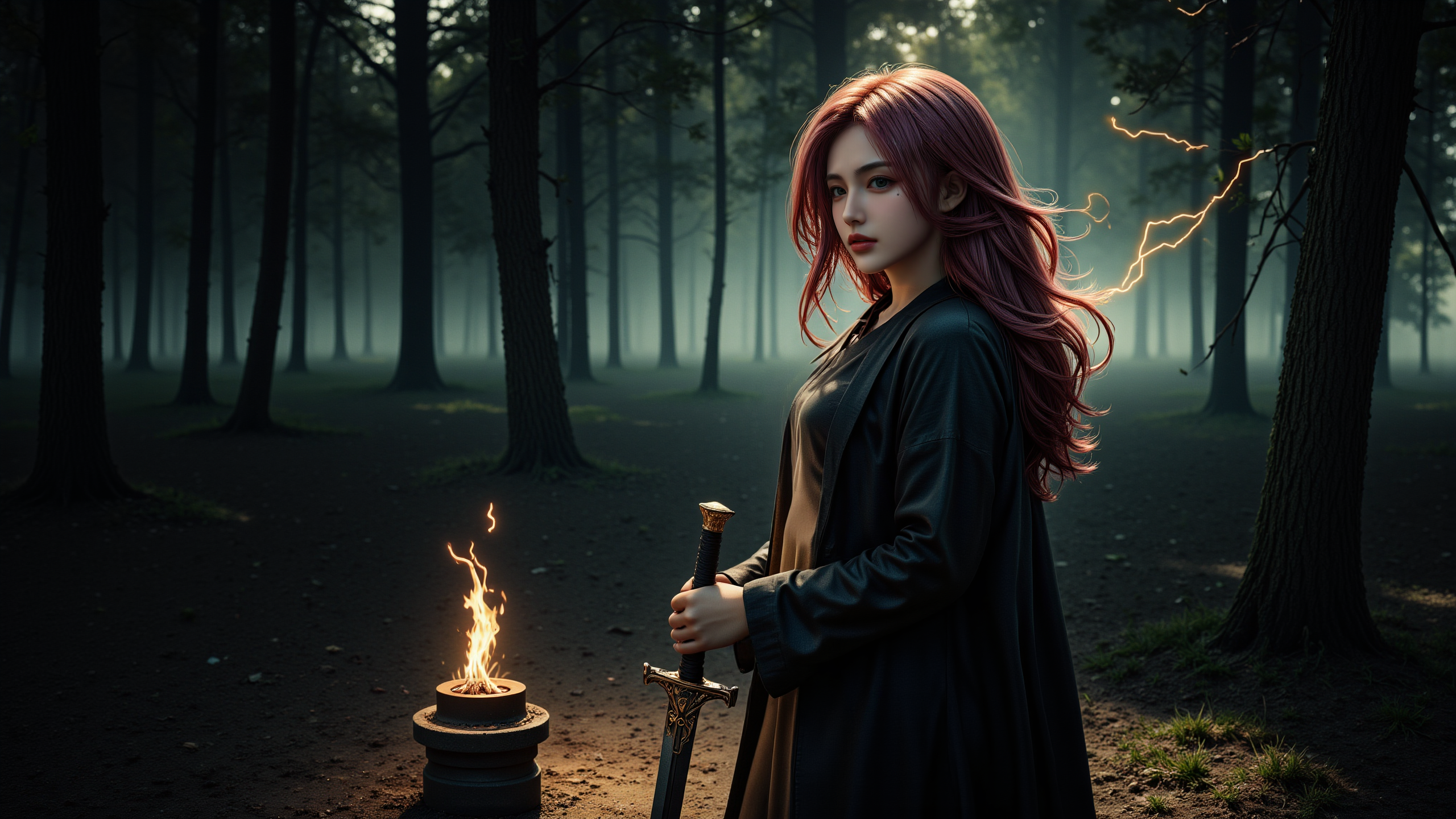a young woman with long,wavy pink hair standing in a dense,misty forest. She wears a flowing black robe,holding a sword with a glowing,ethereal aura. Her expression is serious and determined. Yellow lightning flashed all around her. The background is filled with tall,dark trees,and a small,flickering campfire sits on a stone pedestal to her left. The scene exudes a mystical,medieval fantasy atmosphere.,<lora:yuukananri-base-02-flux:0.8>,yuukananri,she has a slender physique and a petite build,<lora:aidmaMJ6.1v0.4:0.6>,aidmaMJ6.1,
