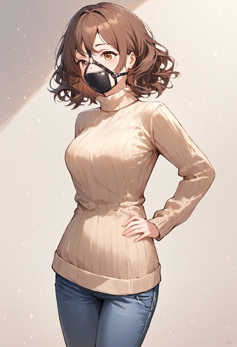 high quality, best quality, masterpiece, 1girl, cowboy shot, panelgag, panel gag, face harness, short hair, brown hair, wavy hair, beige turtleneck sweater, jeans