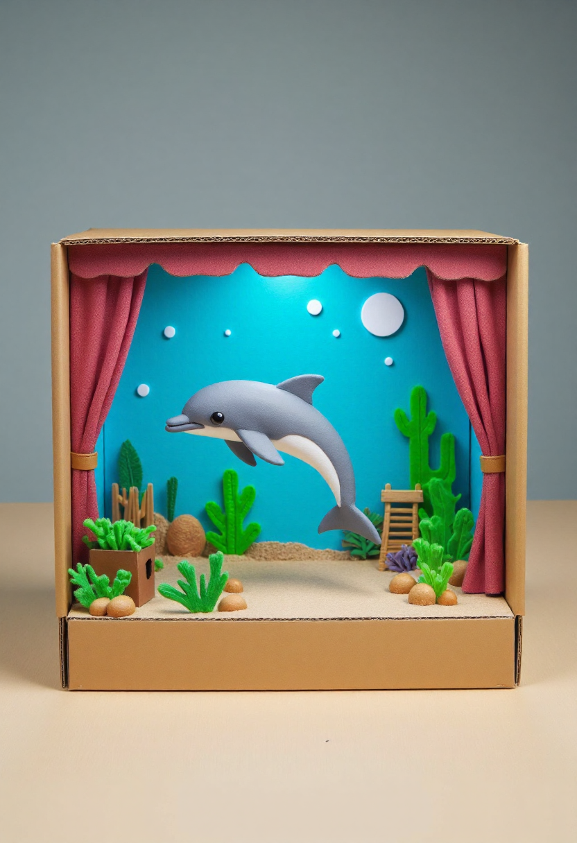<lora:Finger_Puppet_Theater_FLUX-000013:0.9>
The image is a photograph of a whimsical, handcrafted diorama with a cardboard box set up as a stage,  featuring  a dolphin in the ocean