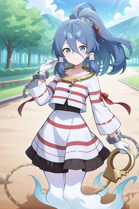 absurdres, highres, masterpiece, best quality, amazing quality, official anime artwork, screencap, anime screencap, outdoors, looking at viewer, light smile, dynamic pose, standing,
<lora:Mizuchi-Miyadeguchi_Illustrious:1> miyadeguchi mizuchi, 1girl, solo, blue eyes, blue hair, long hair, hair tubes, ponytail, ghost tail,, skull hair ornament, white gloves, white shirt, long sleeves, striped shirt, striped skirt, chain, cuffs, shackles, gold handcuffs, sleeve ribbon, red ribbon,