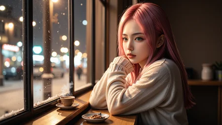 A 20-year-old pink-haired girl with mesmerizing green eyes sits by the window in a cozy café on a winter night. She wears a white sweater and a black pleated skirt,Resting her chin on one hand,she gazes outside at the softly falling snow. Warm café lighting casts a gentle glow on her delicate features,while steam rises from a cup of coffee beside her. The window reflects city lights,adding a dreamy ambiance. Ultra-realistic photography,cinematic composition,soft-focus background.,<lora:aidmaMJ6.1v0.4:0.5>,aidmaMJ6.1,<lora:yuukananri-base-02-flux:0.8>,yuukananri,she has a slender physique and a petite build,