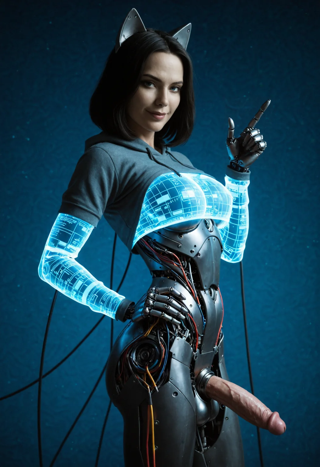 ,robot girl, ((robot body)), robot joints, proud, digital body, hologram, medium hair, medium breasts, glowing blue details, rim lighting, naughty face, scifi, transparent body, black hair, thick cables everywhere, glowing cables, circuitry, cropped hoodie, cat ears, (large flaccid penis:1.1), (large balls:1.1), blue balls, floppy penis, smug, metal limbs, robot limbs, binary, looking at viewer, teasing, toned body, mature, from side, blue background, pointing at penis,masterpiece, best quality, absurdres ,,,masterpiece, best quality, absurdres ,