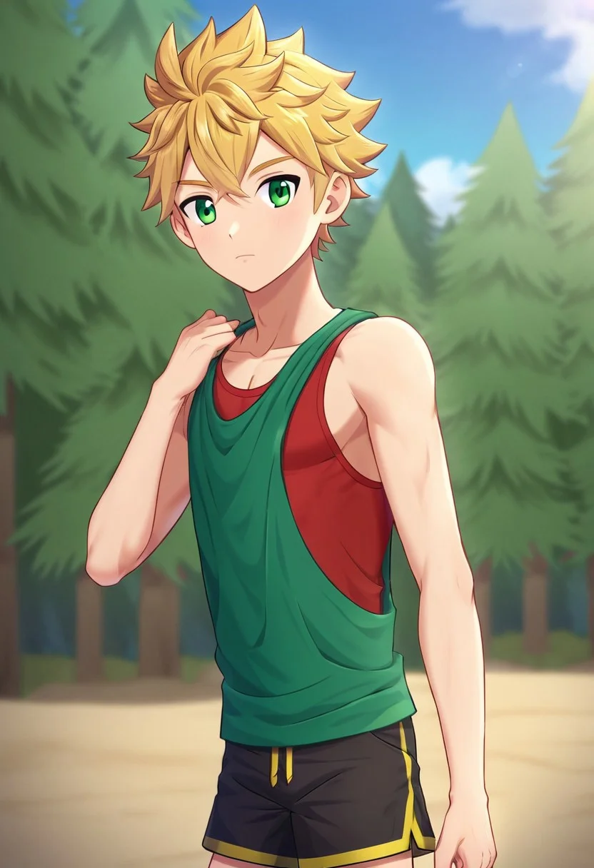 connor, blonde hair, bangs. spiky hair, short hair, green eyes, camp buddy, boy, solo, young, medium build body, wear red tank top, wear black shorts, outdoor, sunny day, clear sky, standing,