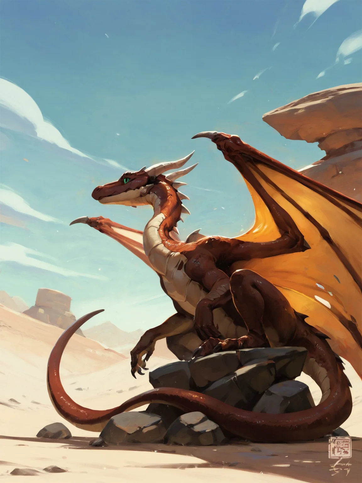 red dragon, green eyes, wings, tail, sitting on a rock, desert, sky, nature, no humans, solo, <lora:Kan_Liu666KXL:0.8>, BREAK score_9, score_8_up, score_7_up, score_6_up, score_5_up, score_4_up