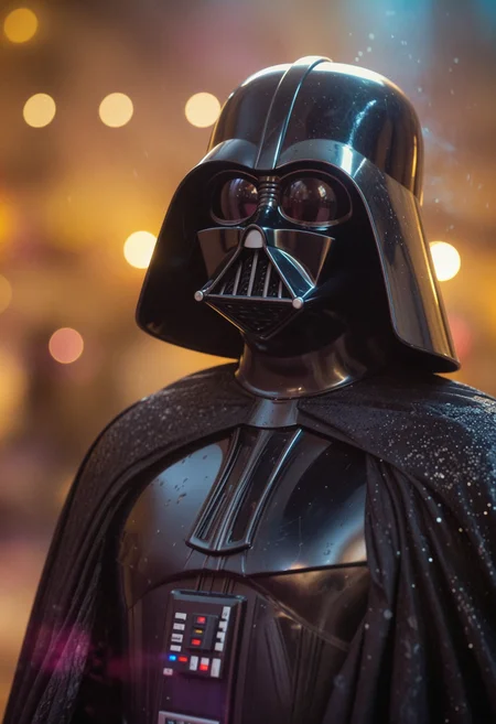 Darth Vader dressed in his iconic black armor and cape. The cape is a glittering black fabric, shimmering effect. He is looking downwards as if he's (sad:1.1). Film grain, faded colors, vintage, blurry background, bokeh, party, shades of pink, yellow, and blue,