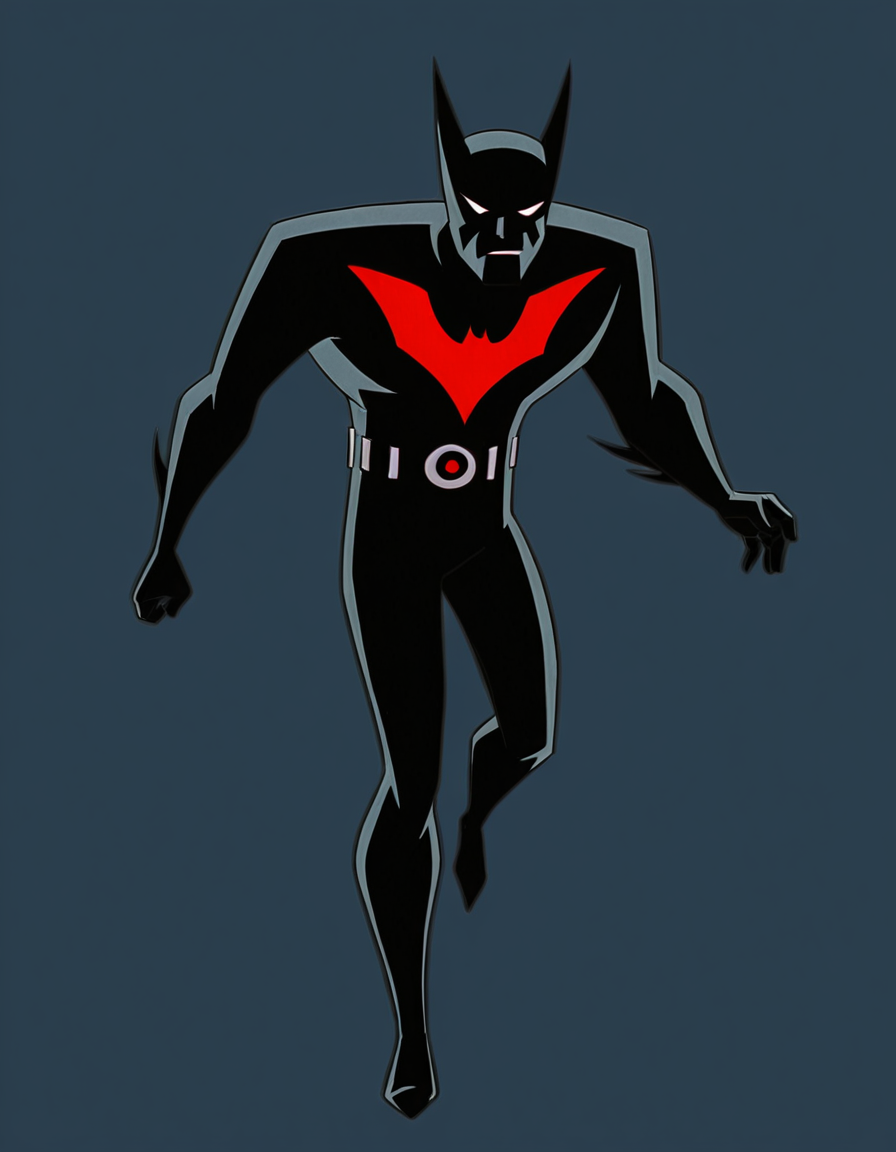 <lora:TerryBatmanBIllustrious1.0JLFO:1> batmanbeyond, 1boy, solo, male focus, superhero, mask, simple background, full body, bodysuit, looking at viewer, belt, batsuit
