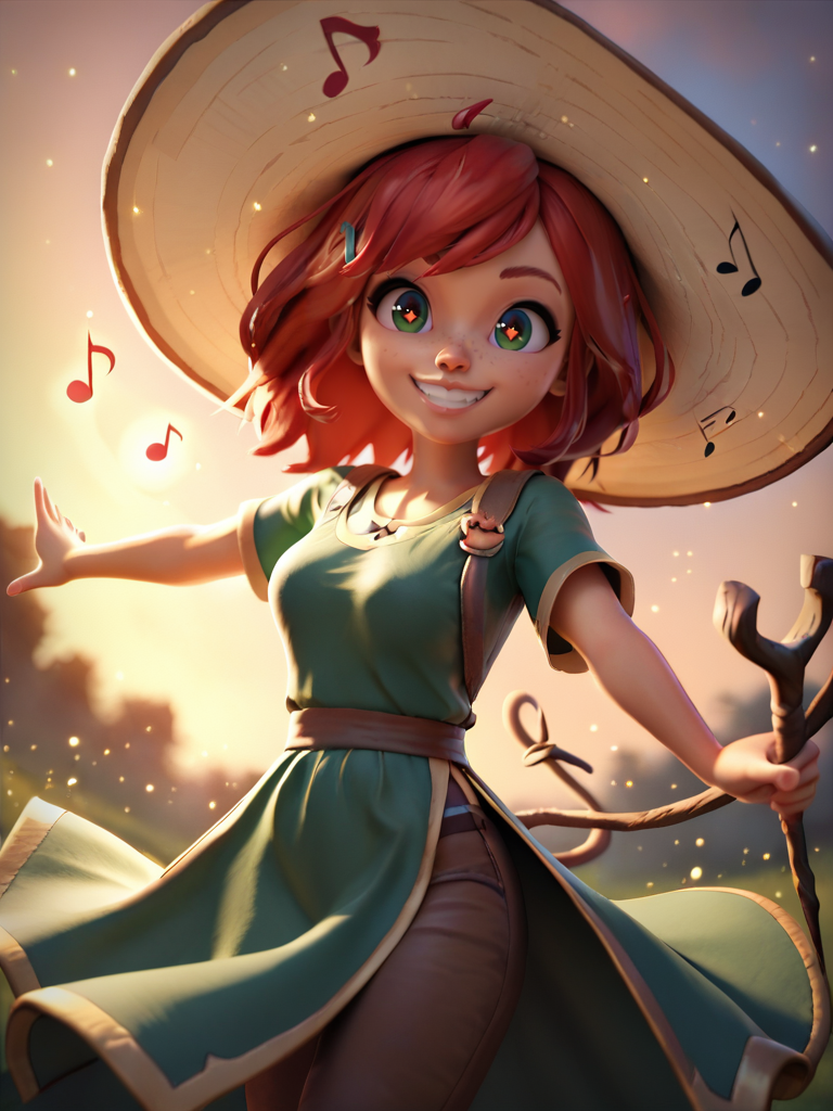score_9, score_8_up, score_7_up, 1girl, cute girl, musical note, tunic, magical staff, red hair, big hat, epic pose, light smile, bright pupils, particles around, splash art, pants, looking at viewer, cowboy shot, dynamic pose, smile, cute, wide shot, solo, dutch angle,
 <lora:Smitty_style:0.85> SmittyXLP,