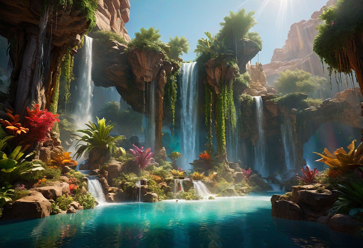 lush desert oasis, towering waterfalls, cascading waterfalls, floating islands, hyperrealistic, intricate details, lush vegetation, hidden grottos, crystal-clear water, dappled sunlight, vibrant colors, cinematic lighting, mist, rainbows