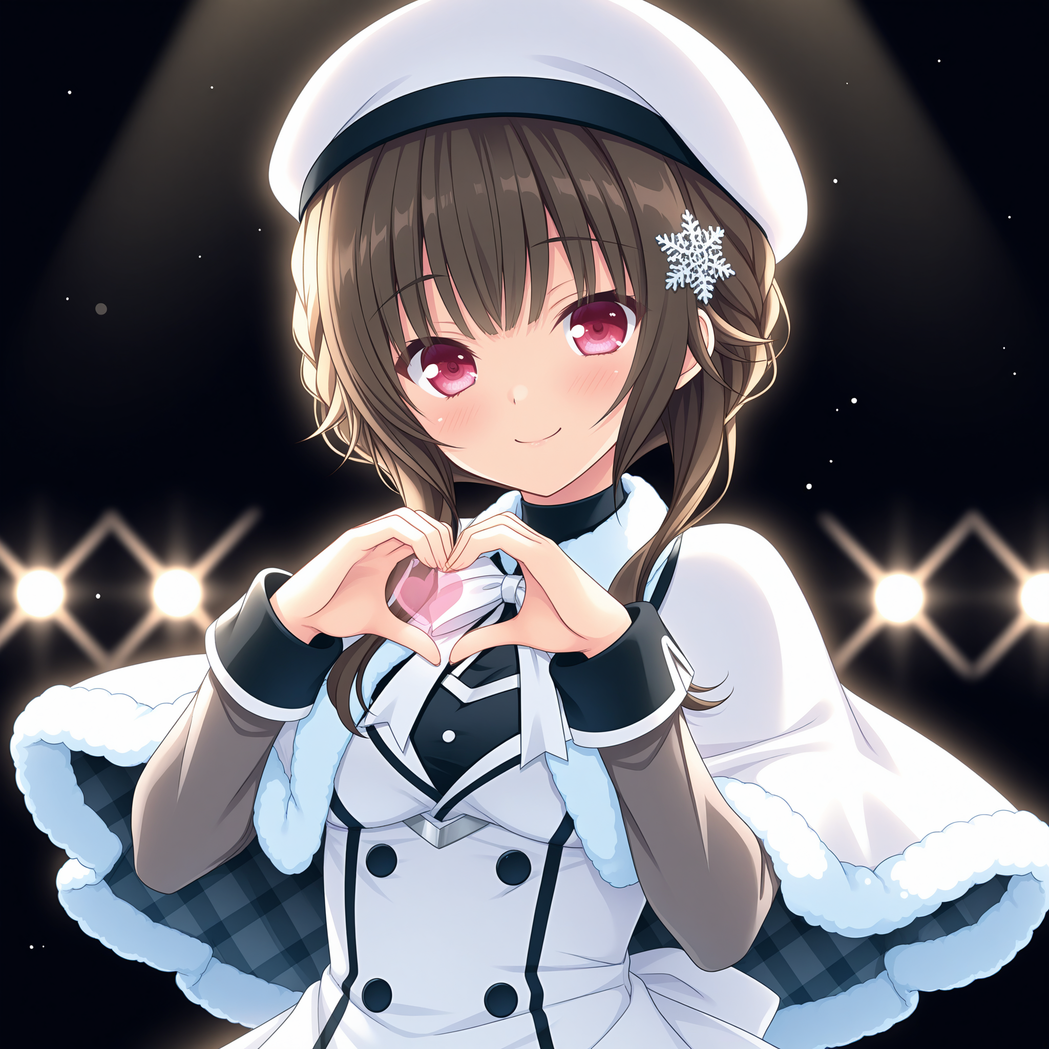 <lora:Amagamine_Renna_2_nai-000083:1>,Amagamine Renna,braid,snowflake hair ornament,
white headwear,white dress,fur trim,white capelet,fur-trimmed capelet,white ribbon,long sleeves,grey sleeves,
BREAK
1girl,solo,smile,solo,stage lights,dark,simple background,black background,glowing,light,front view,standing on one leg,heart,heart_hands,bust,upper body,depth of field,lens_flare,