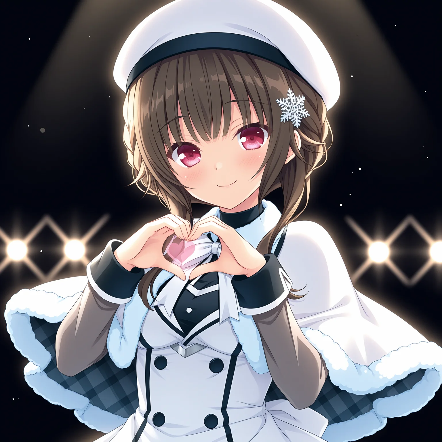 <lora:Amagamine_Renna_2_nai-000083:1>,Amagamine Renna,braid,snowflake hair ornament,
white headwear,white dress,fur trim,white capelet,fur-trimmed capelet,white ribbon,long sleeves,grey sleeves,
BREAK
1girl,solo,smile,solo,stage lights,dark,simple background,black background,glowing,light,front view,standing on one leg,heart,heart_hands,bust,upper body,depth of field,lens_flare,