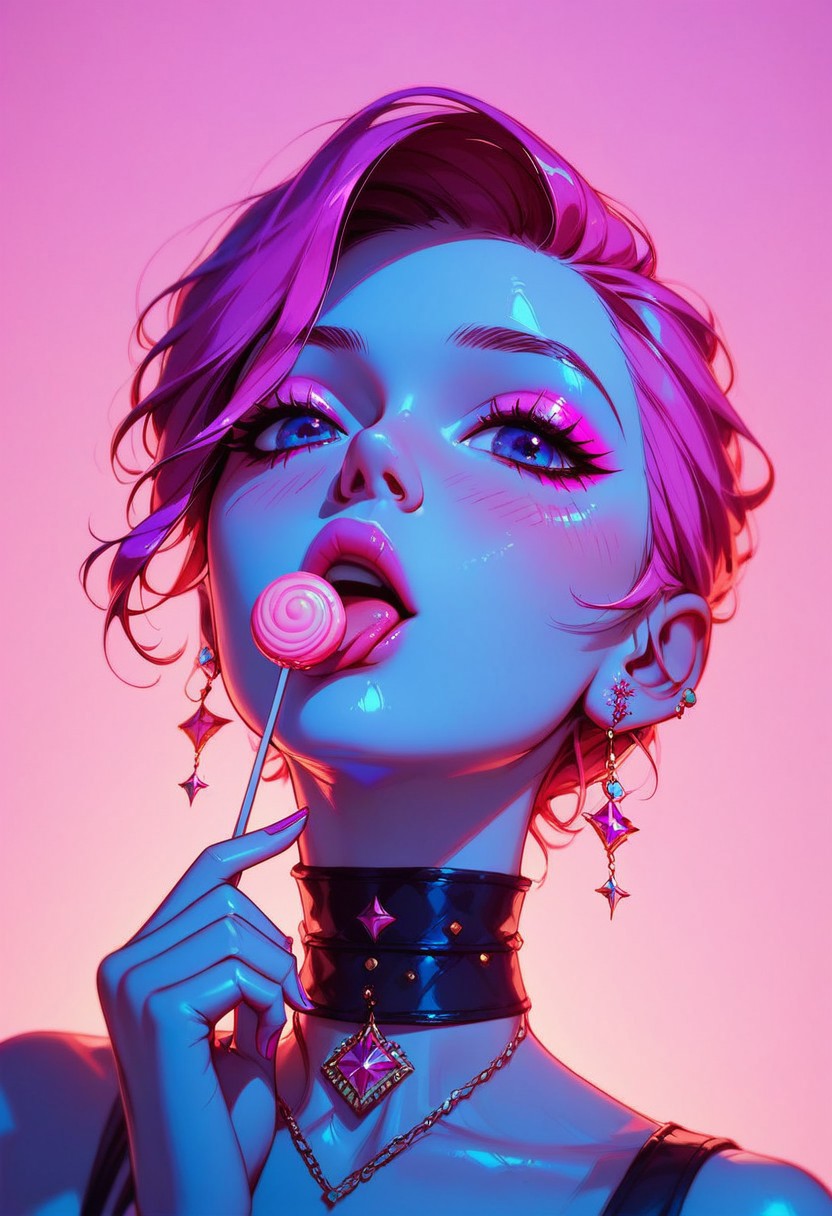 score_9, score_8_up, score_8, masterpiece, best quality, good quality, very aesthetic, colorful, 8K,
BREAK
1 girl, sexy look, cute, face closeup, holding pink round lollipop, licking lollipop, pink makeup, choker, blushing, colored background, unique angle, detailed and dynamic,