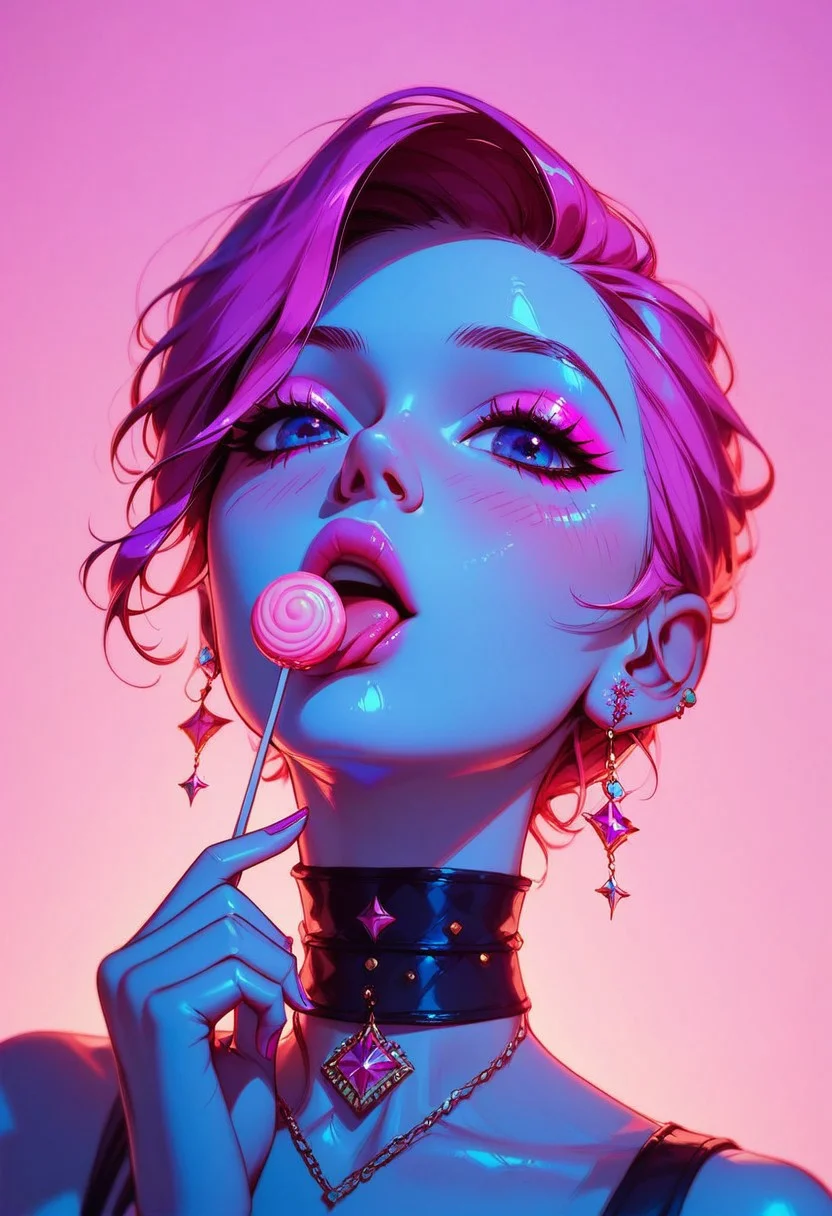 score_9, score_8_up, score_8, masterpiece, best quality, good quality, very aesthetic, colorful, 8K,
BREAK
1 girl, sexy look, cute, face closeup, holding pink round lollipop, licking lollipop, pink makeup, choker, blushing, colored background, unique angle, detailed and dynamic,