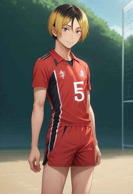 score_9, score_8_up, score_7_up, source_anime, highly detailed, kenma, 1boy, male focus, solo, blonde hair, sportswear, volleyball uniform, multicolored hair, shorts, two-tone hair, black hair, red shorts, slim, sit, short height, smile, looking at viewer, outdoors, bare legs,