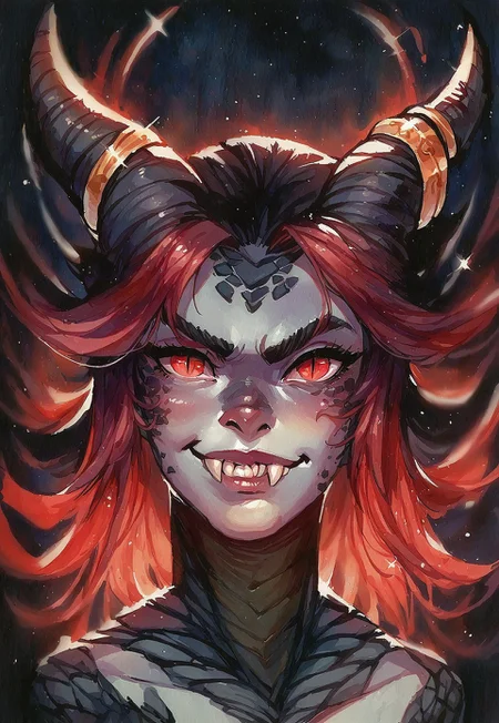 score_9, score_8_up, score_7_up, depth of field, Expressiveh, 1girl, solo, watercolor \(medium\), traditional media, dragon girl, black scales, grey skin, jewelry, ornamented horns, skin markings, looking at viewer, red eyes, glowing, smirk, fangs, slit pupils, medium hair, red hair, hair bangs, horns, dark background, light particles, fit, shiny skin, upper body, front view 