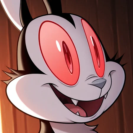 masterpiece, best quality, amazing quality, bunnicula, male, furry male, feral, solo, rabbit, black fur, white fur, two tone fur, red sclera, red eyes, fangs, grey nose, tail, paw pads, smile, open mouth, close up, portrait