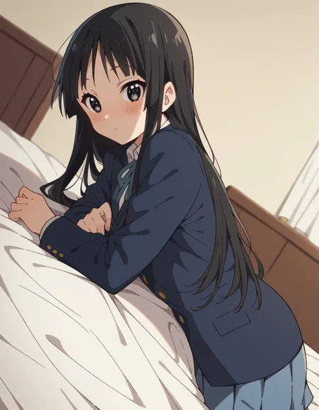 score_9, score_8_up, score_7_up, source_anime,
mioakiyama, <lora:mio-akiyama-s2-ponyxl-lora-nochekaiser:1>,
mio akiyama, long hair, bangs, black hair, black eyes, hime cut,
sakuragaoka high school uniform, school uniform, uniform, blazer, shirt, white shirt, collared shirt, skirt, pleated skirt,
indoors, bed, bed room, on side, blush, drunk,
looking at viewer, cowboy shot, dutch angle, solo,