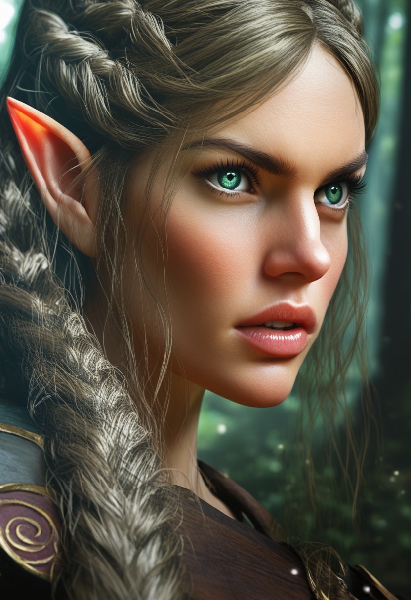 close-up portrait of a female elf, headshot, princess, battle, intense, epic. cinematic, magical, mysterious, forest, fantasy, realistic, detailed