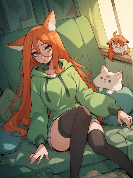 source_anime, score_9, score_8_up, score_7_up, score_6_up, score_5_up, thighhighs, long hoodie, <lora:D4lm4uXLP:1> d4lm4u, 1girl, curvy, ginger hair, long hair, grey eyes, fox ears