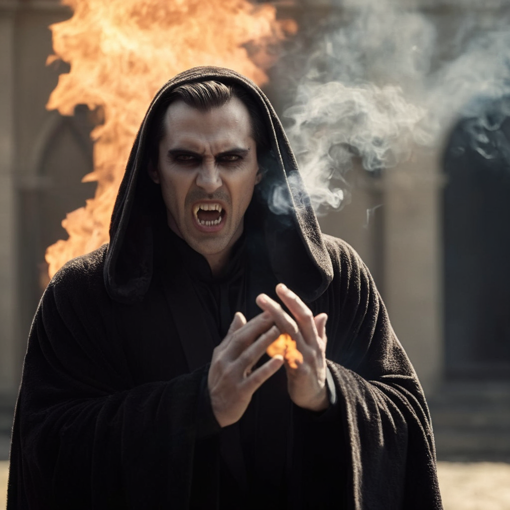 cinematic film still of  <lora:vampire fangs teeth 2:1.2>
A gothic Vampire Fangs Teeth man in a black robe holding his burning hand in sun light while screaming in pain with smoke coming out of his vampire hand nails, shallow depth of field, vignette, highly detailed, high budget, bokeh, cinemascope, moody, epic, gorgeous, film grain, grainy