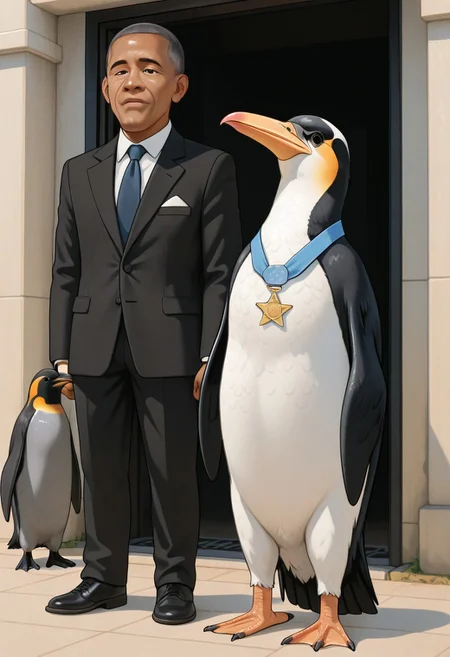 masterpiece, best quality, amazing quality, very aesthetic, absurdres, newest, IllusP0s, receiving medal of honor from half-white president, penguin, proud_expression, proud_pose, receiving_medal, realistic_bird, tuxedo_pattern, flipper_detail, avian_anatomy, feather_detail, small_round_eyes, central_pose, pelican, angry_expression, standing_to_the_side, long_beak, large_throat_pouch, webbed_feet, dramatic_lighting, medal_ceremony, outdoor, formal_setting