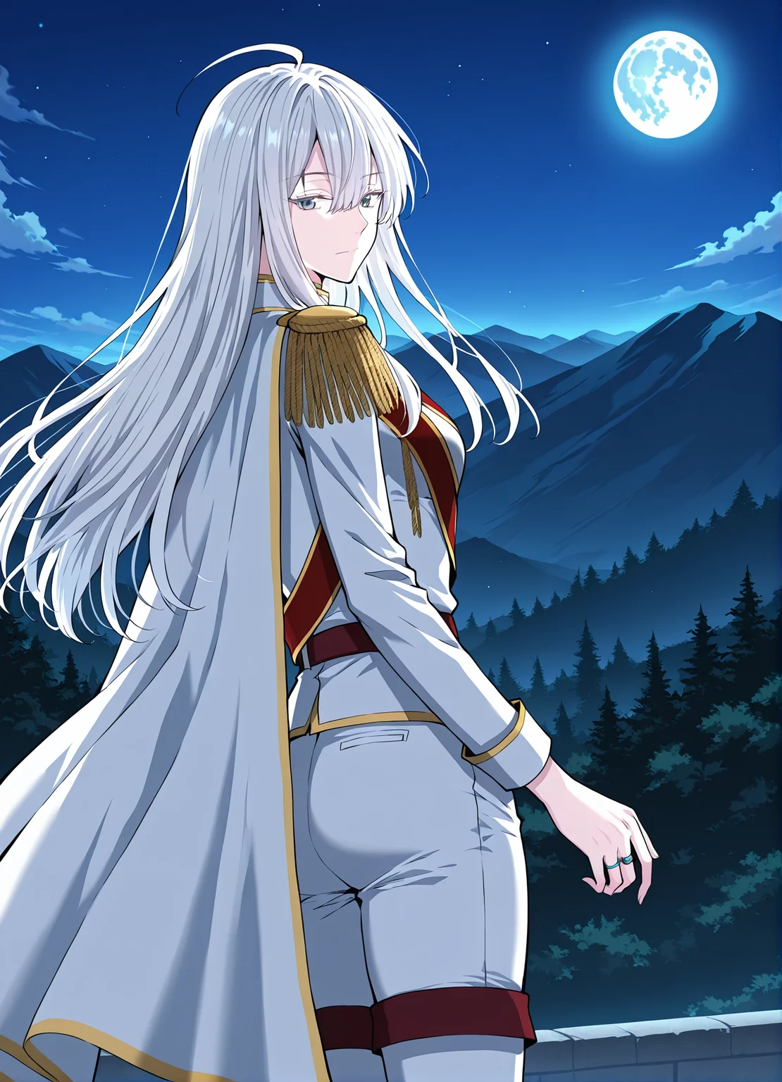 <lora:Varay_Aurae__The_Beginning_After_The_End__Illustrious:1>
1 girl, solo, grey eyes, white hair, long hair, bangs, pale skin, hair between eyes, ahoge, scar above right eye
military uniform, white cape, epaulettes, ring, jewelry, white pants, long sleeves, white thigh boots, thighhighs, high heels, belt, white jacket, red sash,
score_9, score_8_up, score_7_up, source anime, BREAK, cowboy shot, (from side), looking back, looking at viewer, overlooking mountain, high altitude, scenery, exterior, background, (solo), night, blue moon