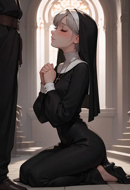 masterpiece, best quality, wallpaper, highly detailed, score_9, score_8_up, score_7_up, score_6_up, source_anime, (score_9, score_8_up, score_7_up), (vivid colours), g0thicPXL,
BREAK.
1girl,small breast,medium ass, ,blush, short silver hair, (messy silver hair), bangs,pale skin, medium breast, sexy face, glowing light,young, perfect body, fair skin, ((dark circles under eyes)), ((messy silver hair)), grey eyes,open eyes,(tired face), dynamic pose,indoors, (tired face),nun,sexy nun constume,praying, kneeling ,pale skin, blushing, closed eyes,medium closeup, from medium, profile view,1man, out frame, priest,between the legs, in front of her face
BREAK
(church), warm light