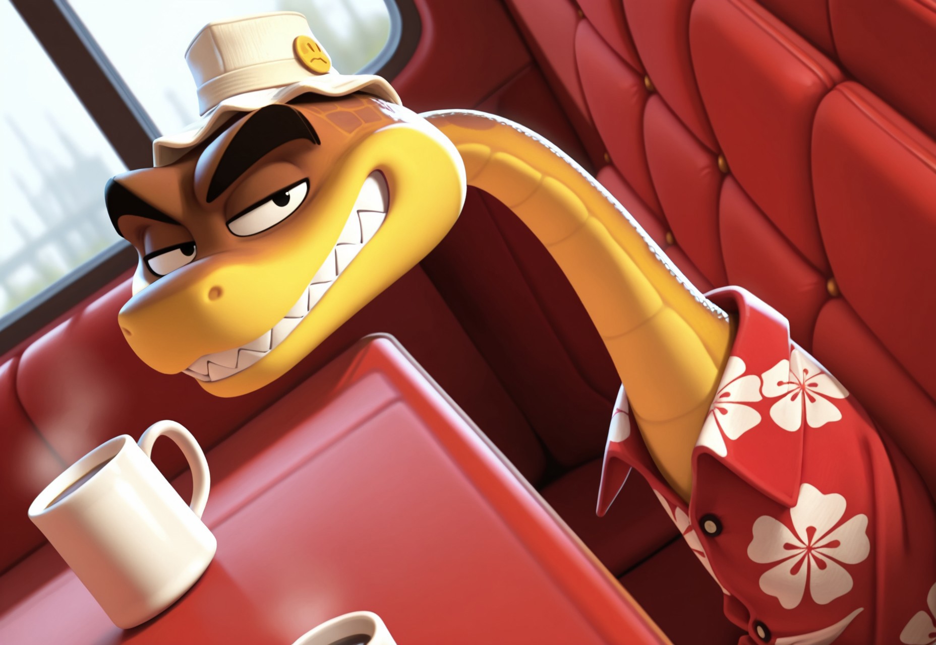 uncensored, masterpiece, best quality, highly detailed, realistic, 1boy, solo, MRSK, furry, feral, scalie, snake, black eyebrows, black eyes, brown body, brown scales, yellow body, yellow scales, two tone body, two tone scales, red hawaiian shirt, white bucket hat, hat pin, upper body, sitting, smile, closed mouth, looking at viewer, indoors, restaurant, coffee mug, window, red booth, table, detailed background, narrowed eyes, sharp teeth, high-angle view, dutch angle, close-up