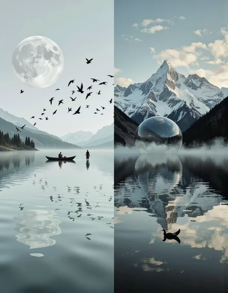 This image is a hyper-realistic cinematic photogrpah featuring a stylized landscape scene. The photo is divided vertically into three sections. The left section is dominated by a calm lake with a small boat and a monk standing in it, the lake reflects the surrounding scenery, the shores of the lake disappear into thick fog. The middle section showcases a moon, positioned near the top of the image, creating a dramatic contrast with the sky above. A flock of birds is depicted flying towards the moon, adding a sense of movement and depth. The right section features a large transparent sphere. <lora:Hocus_Pocus:1>